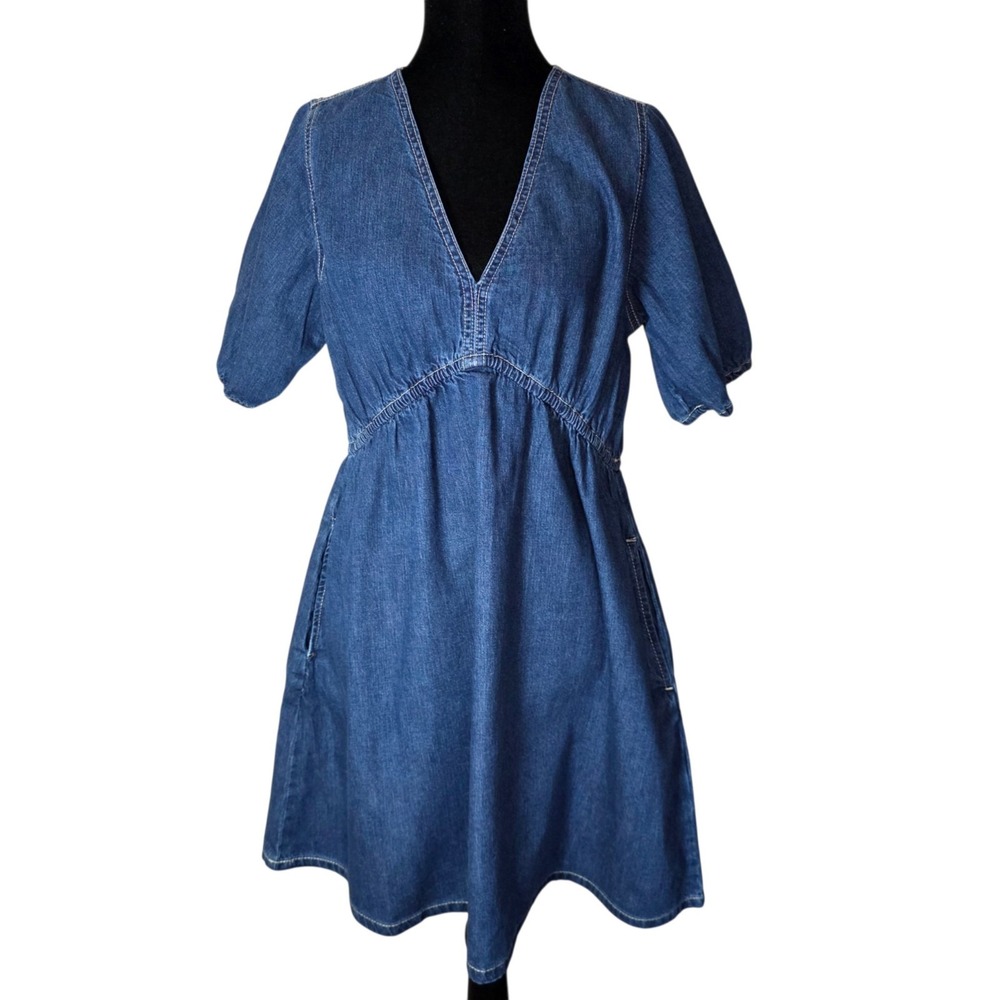 WallFlower Womens S Blue Denim Babydoll Mini Dress Puff Sleeve Empire Waist NWT